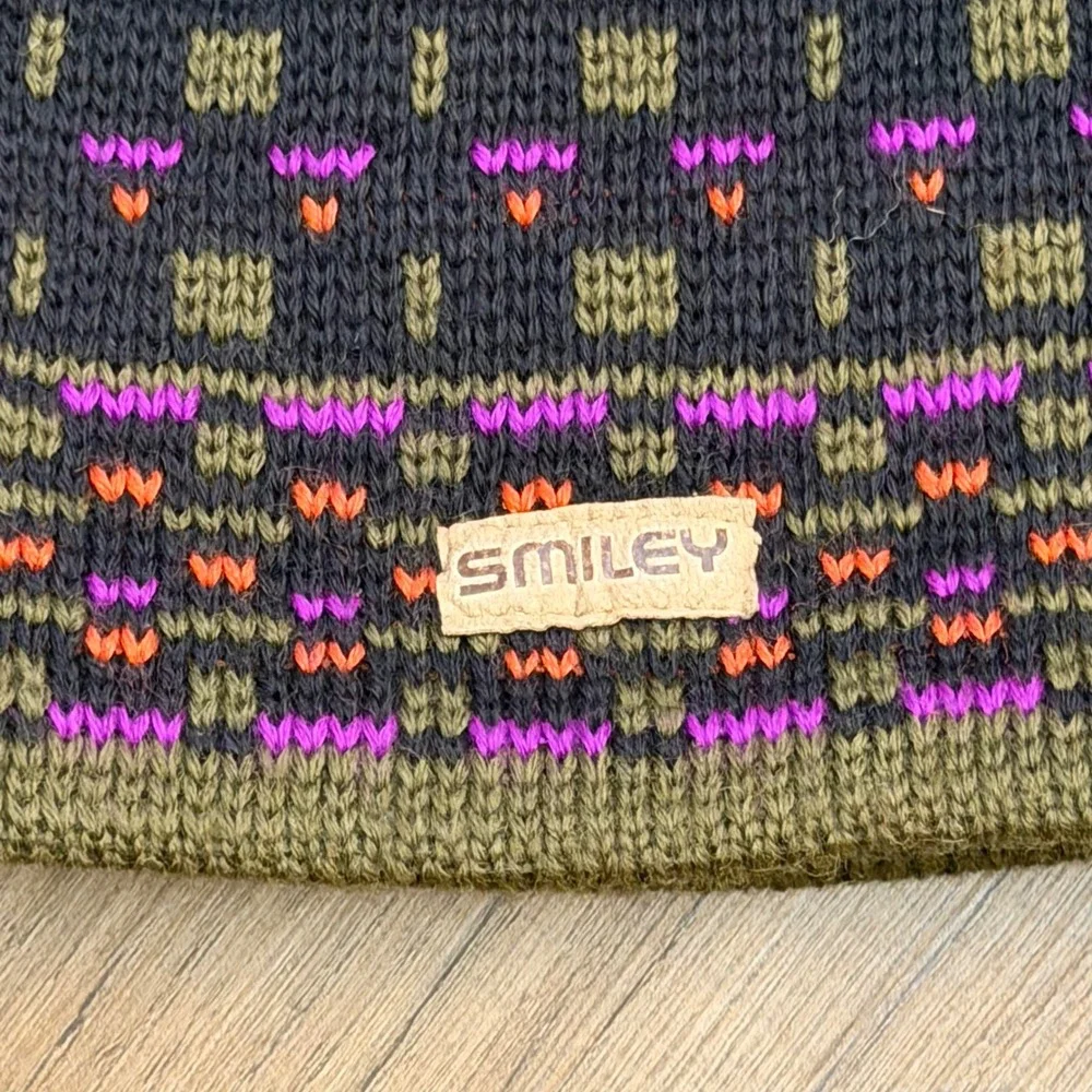 Smiley 100% Pure Wool Knit Beanie Tassel Fleece Lined Fair Isle Hat USA Gorpcore